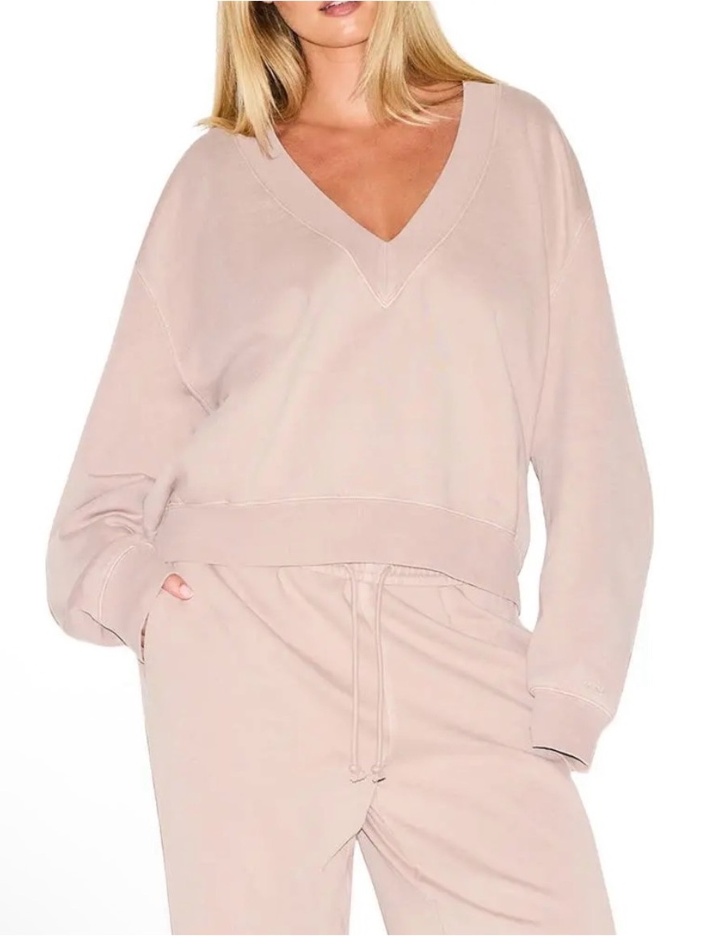 NWT Skims Boyfriend Fleece V Neck Pullover in Light Fawn XS